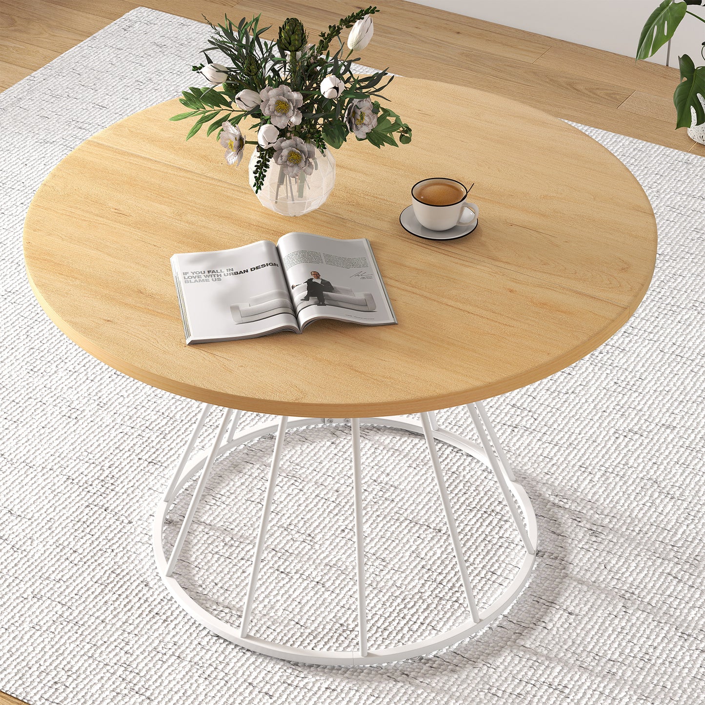 47 Inches Round Dining Table for 4 Farmhouse Kitchen Table with Wooden Tabletop-Black