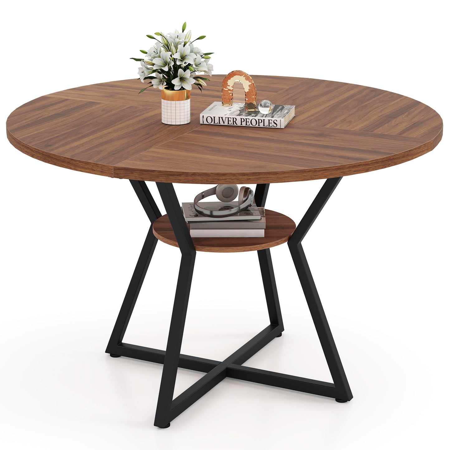 47" Round Dining Table for 4 with Storage Shelf-Brown