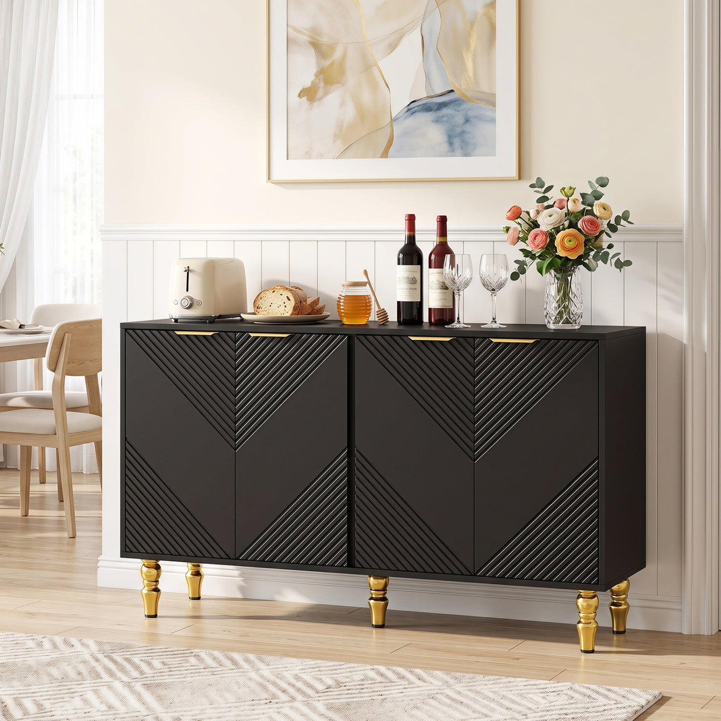 47" Sideboard Buffet Cabinet with 4 Chevron Fluted Doors & Anti-Toppling Devices for Kitchen-Black