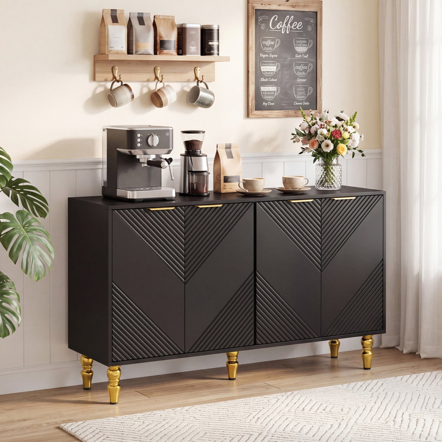 47" Sideboard Buffet Cabinet with 4 Chevron Fluted Doors & Anti-Toppling Devices for Kitchen-Black