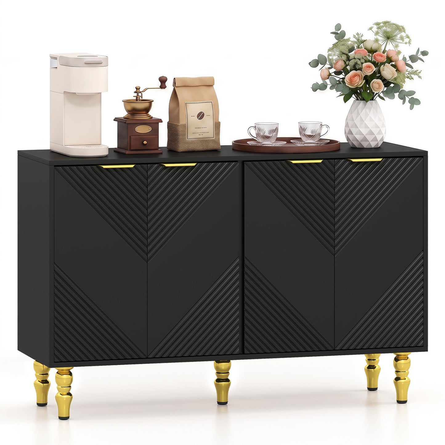 47" Sideboard Buffet Cabinet with 4 Chevron Fluted Doors & Anti-Toppling Devices for Kitchen-Black