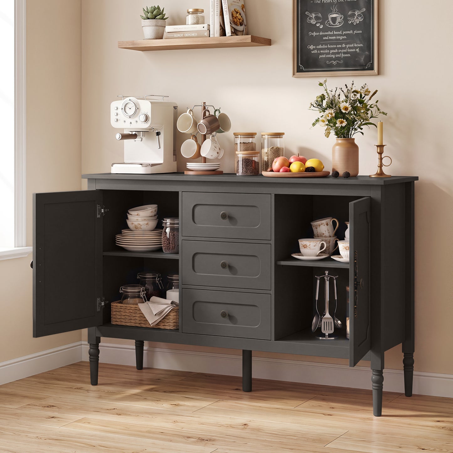 47" Vintage Buffet Cabinet with 3 Drawers 2 Cabinets and Adjustable Shelves for Dining Room-Black