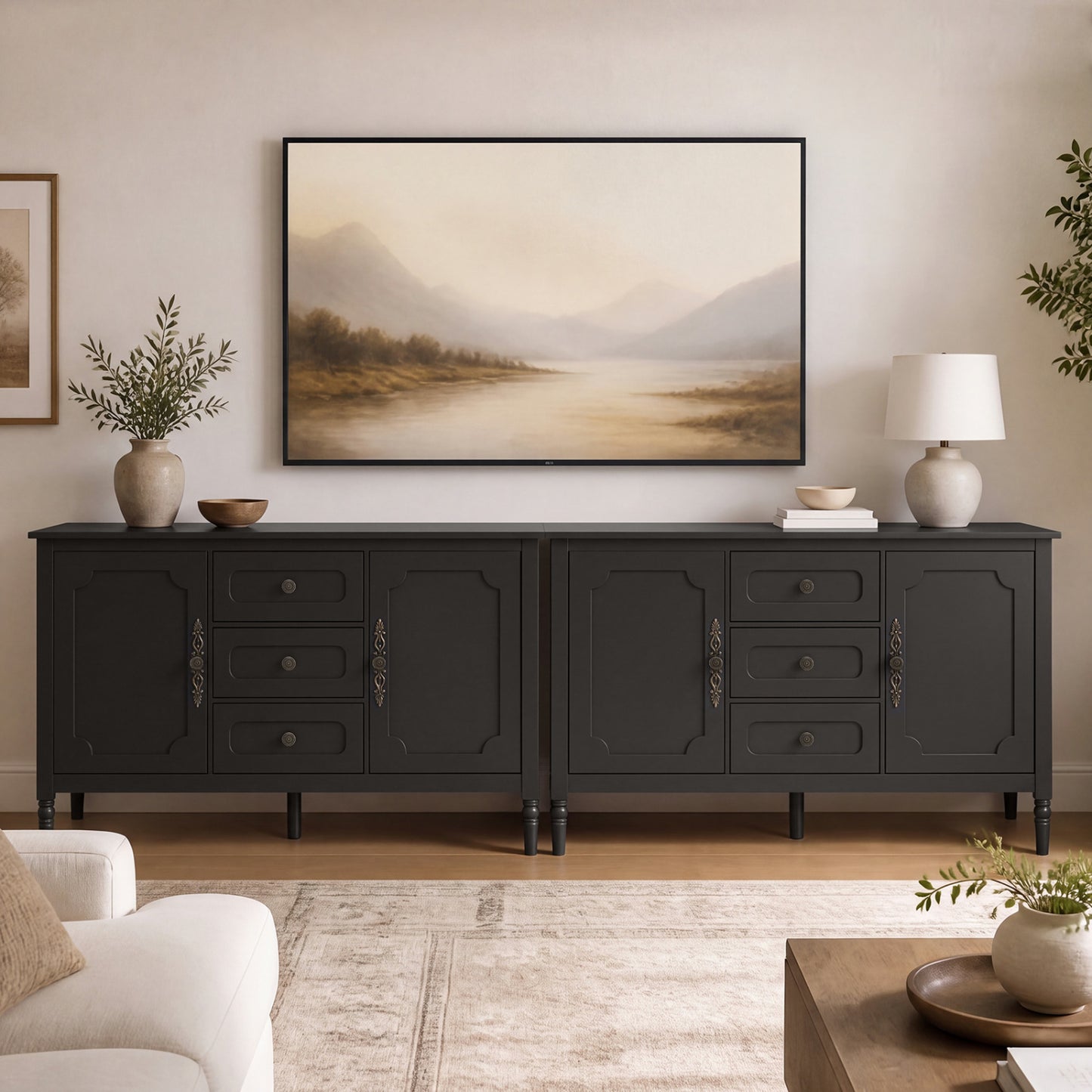 47" Vintage Buffet Cabinet with 3 Drawers 2 Cabinets and Adjustable Shelves for Dining Room-Black
