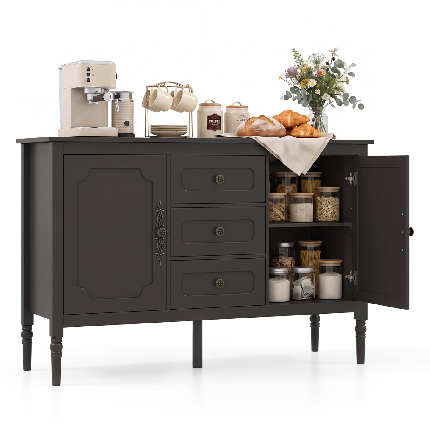 47" Vintage Buffet Cabinet with 3 Drawers 2 Cabinets and Adjustable Shelves for Dining Room-Black