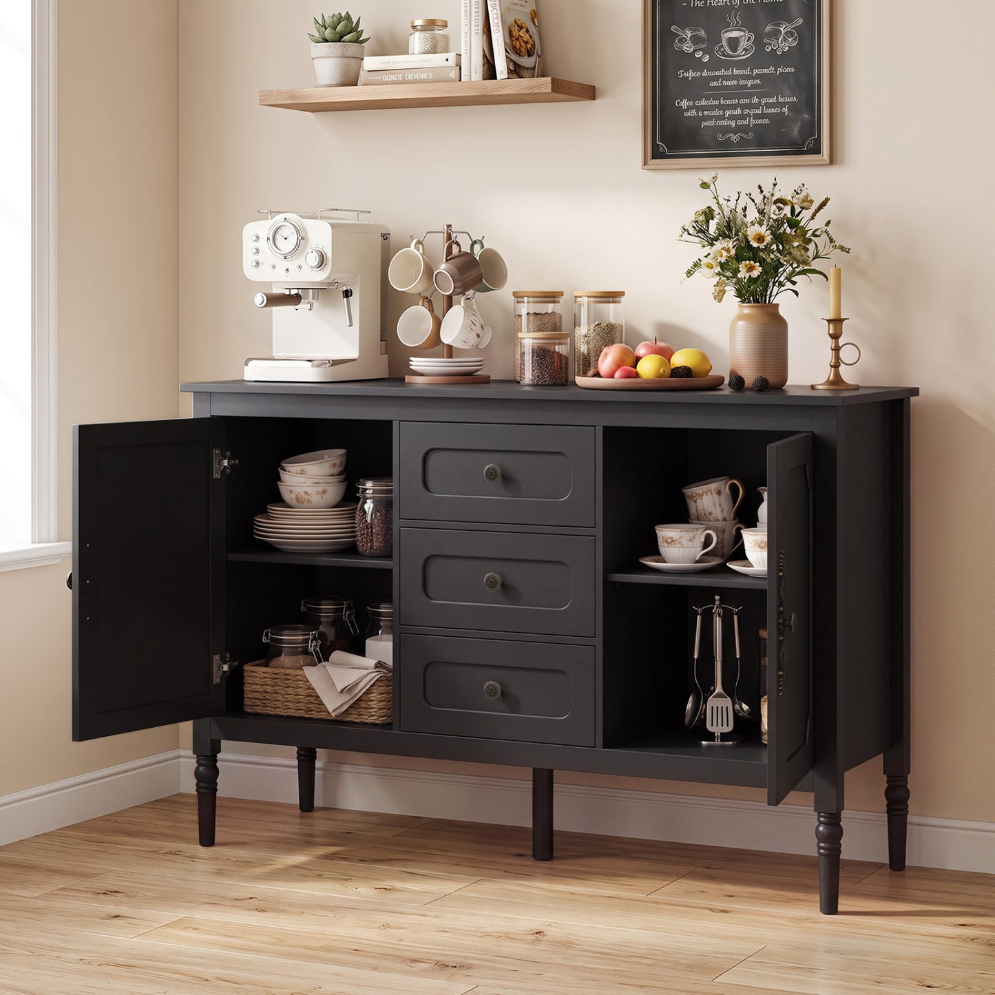 47" Vintage Buffet Cabinet with 3 Drawers 2 Cabinets and Adjustable Shelves for Dining Room-Black