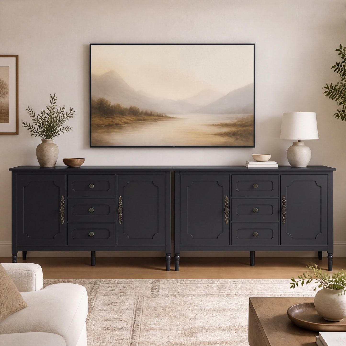 47" Vintage Buffet Cabinet with 3 Drawers 2 Cabinets and Adjustable Shelves for Dining Room-Black