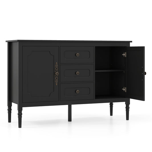 47" Vintage Buffet Cabinet with 3 Drawers 2 Cabinets and Adjustable Shelves for Dining Room-Black