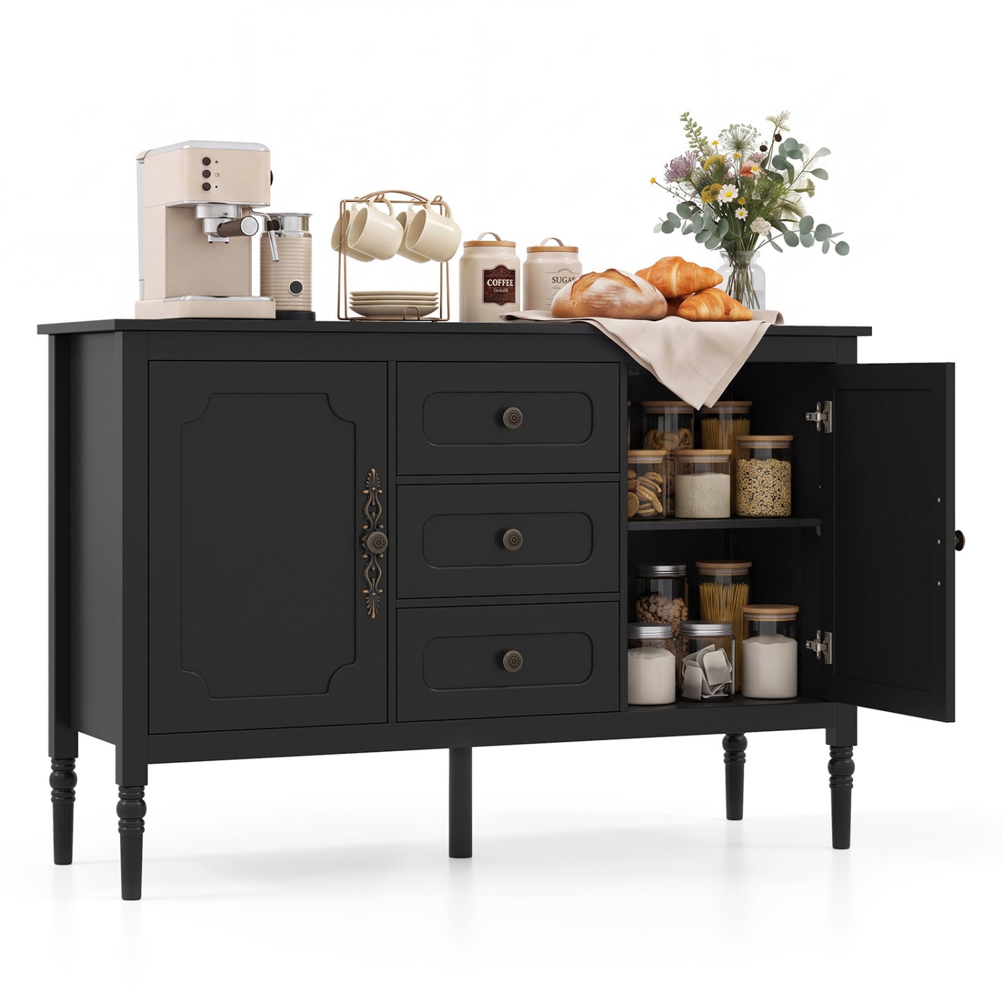 47" Vintage Buffet Cabinet with 3 Drawers 2 Cabinets and Adjustable Shelves for Dining Room-Black