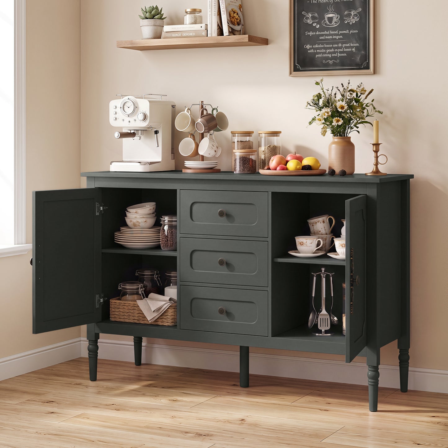 47" Vintage Buffet Cabinet with 3 Drawers 2 Cabinets and Adjustable Shelves for Dining Room-Black