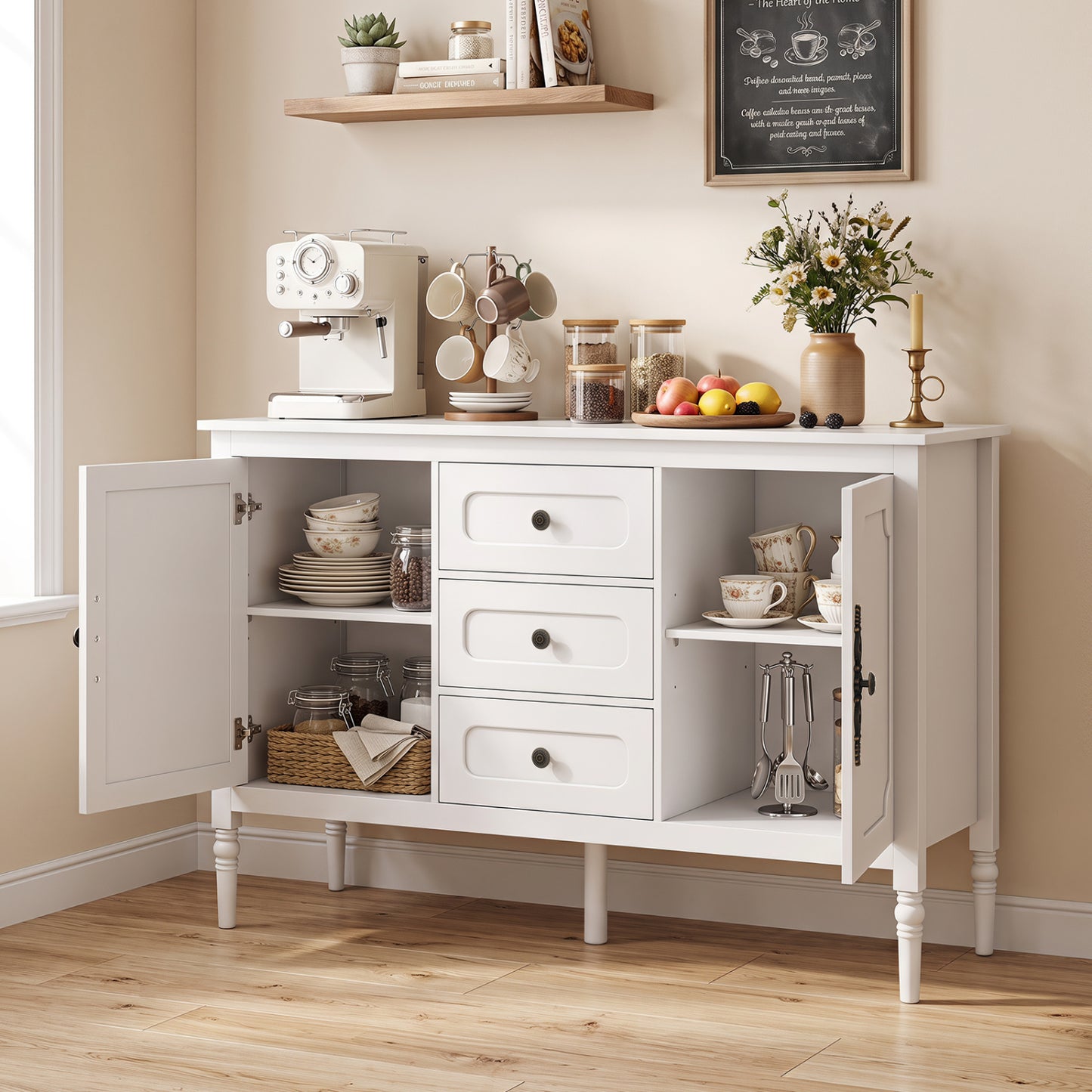 47" Vintage Buffet Cabinet with 3 Drawers 2 Cabinets and Adjustable Shelves for Dining Room-Black