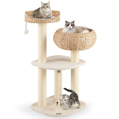 41 Inch Rattan Cat Tree with Napping Perch-Beige