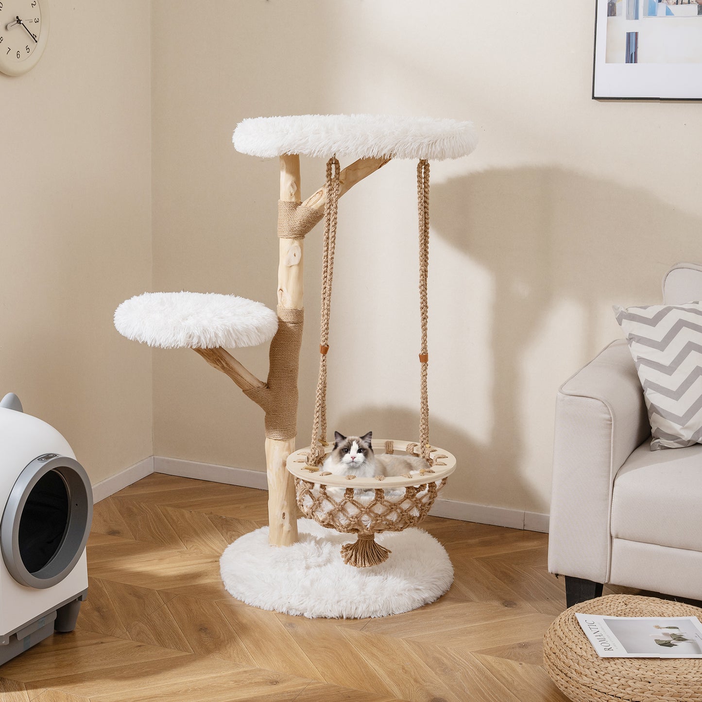48.5 Inch Solid Wood Cat Tree with Hanging Cradle and Jute Scratching Post-White