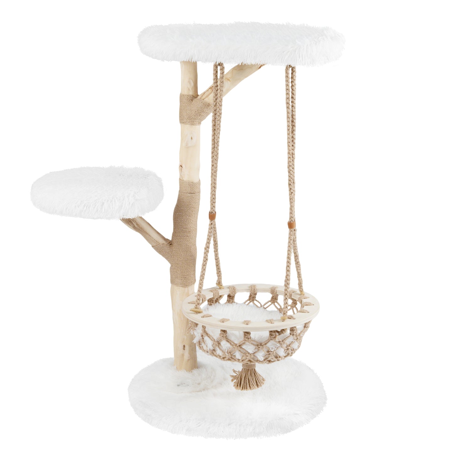 48.5 Inch Solid Wood Cat Tree with Hanging Cradle and Jute Scratching Post-White