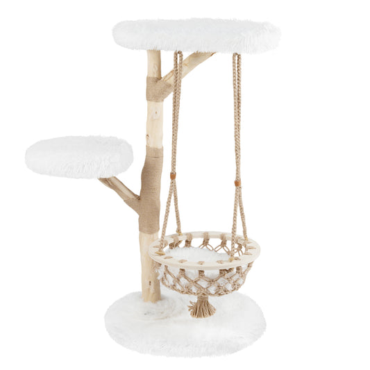 48.5 Inch Solid Wood Cat Tree with Hanging Cradle and Jute Scratching Post-White