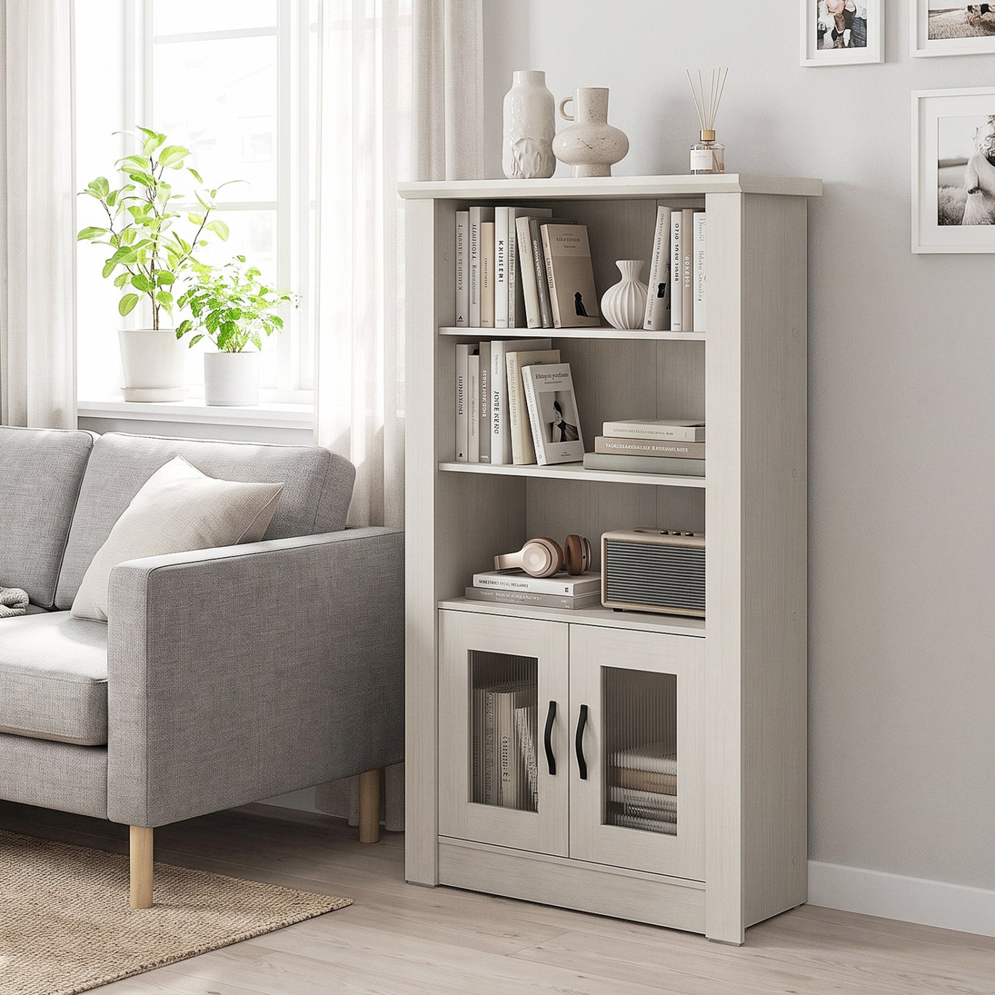 48.5" Modern Bookcase 4-Tier with 2 Translucent Fluted Doors and Anti-Tipping Kits-White