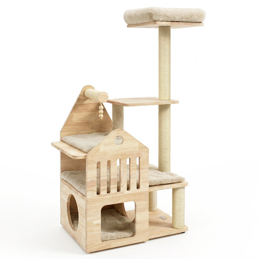 Multi-level beige wood cat tree with padded top perch, condo, and sisal scratching posts for indoor cats.