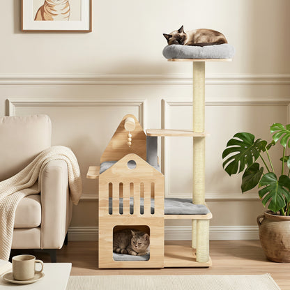 48.5" Multi-Level Solid Wood Cat Tree for Indoor Cats with Padded Top Perch Cat Condo and Sisal Scratching Posts-Beige