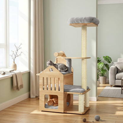 48.5" Multi-Level Solid Wood Cat Tree for Indoor Cats with Padded Top Perch Cat Condo and Sisal Scratching Posts-Beige