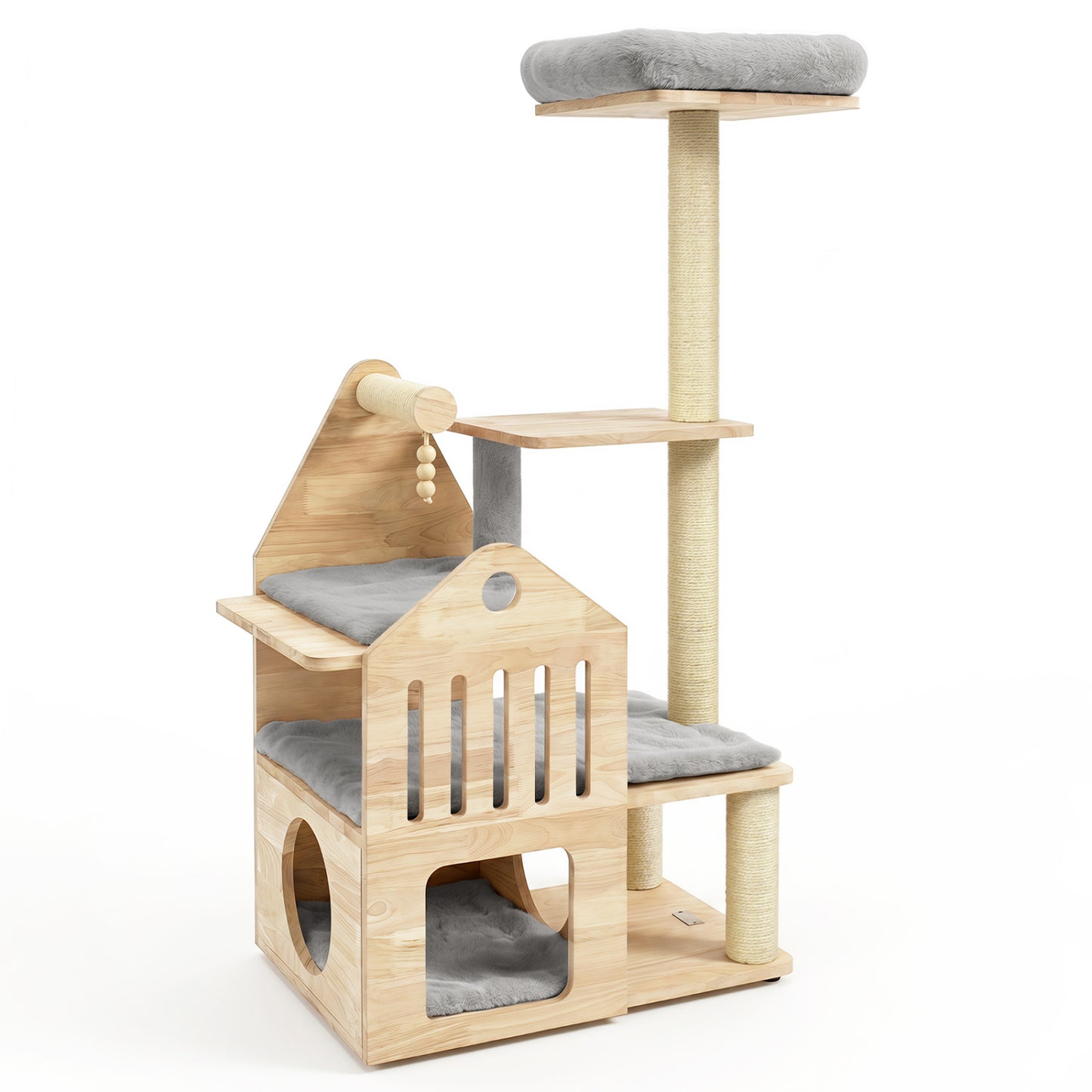 48.5" Multi-Level Solid Wood Cat Tree for Indoor Cats with Padded Top Perch Cat Condo and Sisal Scratching Posts-Beige