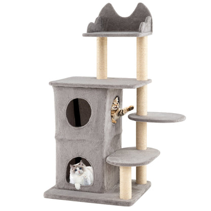 48.5 inch Cat Tree with 2-story Condo and 3 Hideaway Caves for Large Cats-Gray
