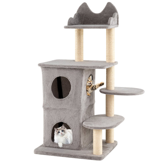 48.5 inch Cat Tree with 2-story Condo and 3 Hideaway Caves for Large Cats-Gray