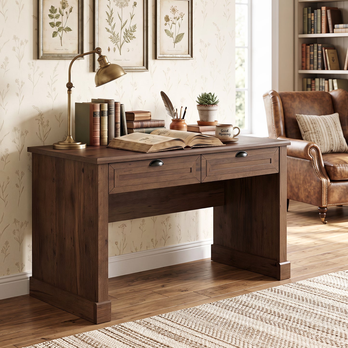 48" Farmhouse Executive Desk with 2 Drawers for Studying and Writing-Brown