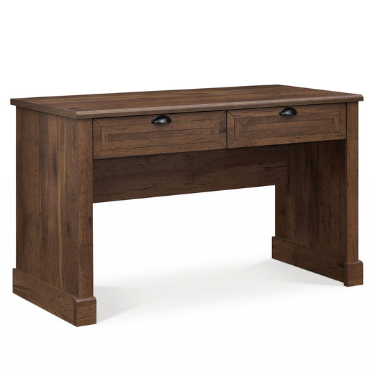 Brown 48-inch farmhouse executive desk with two drawers, ideal for studying and writing in a home office setting.