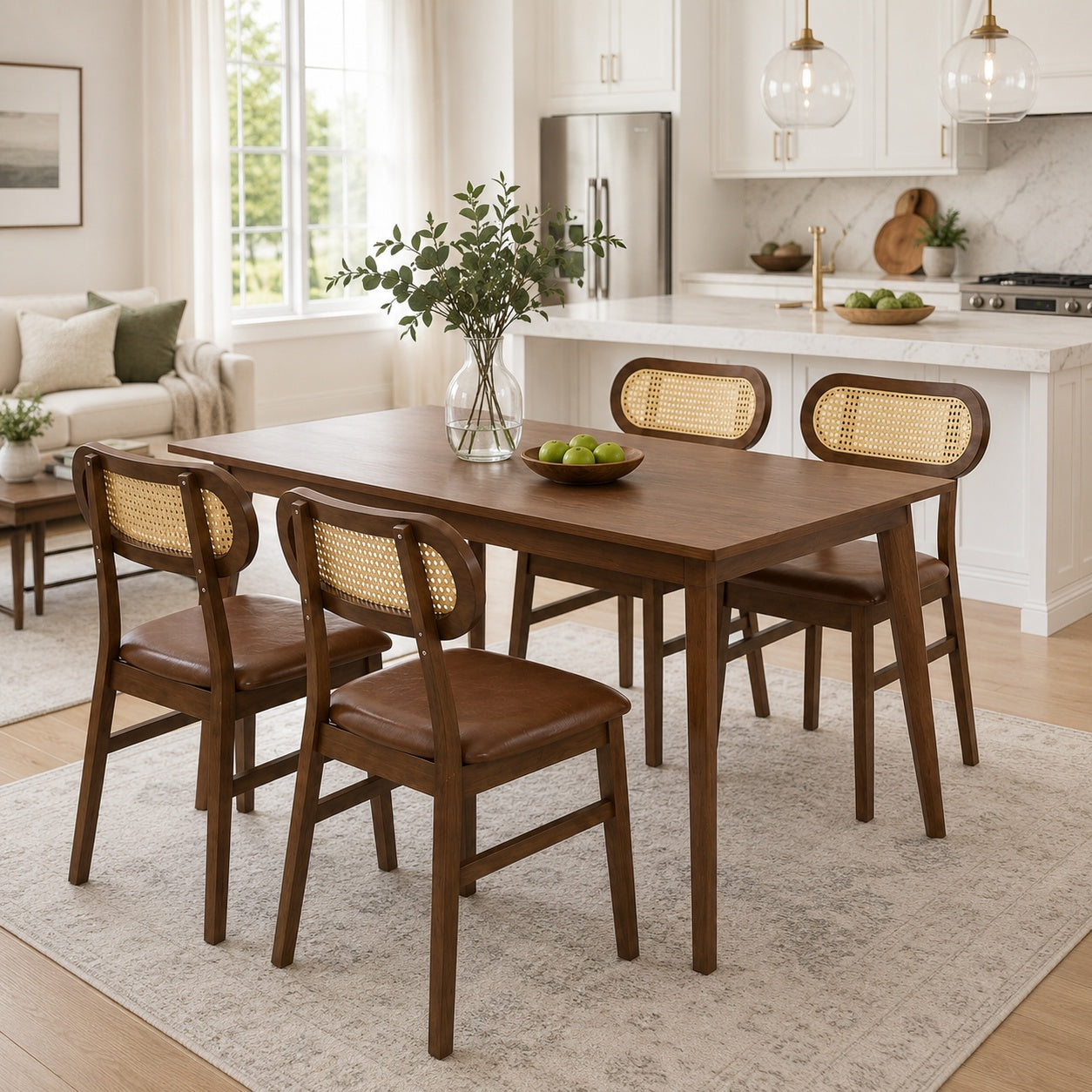 48-inch dining table set with four rattan chairs, mid-century kitchen furniture for dining room use.