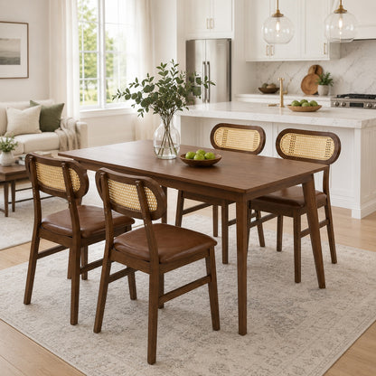 48-inch dining table set with four rattan chairs, mid-century kitchen furniture for dining room use.