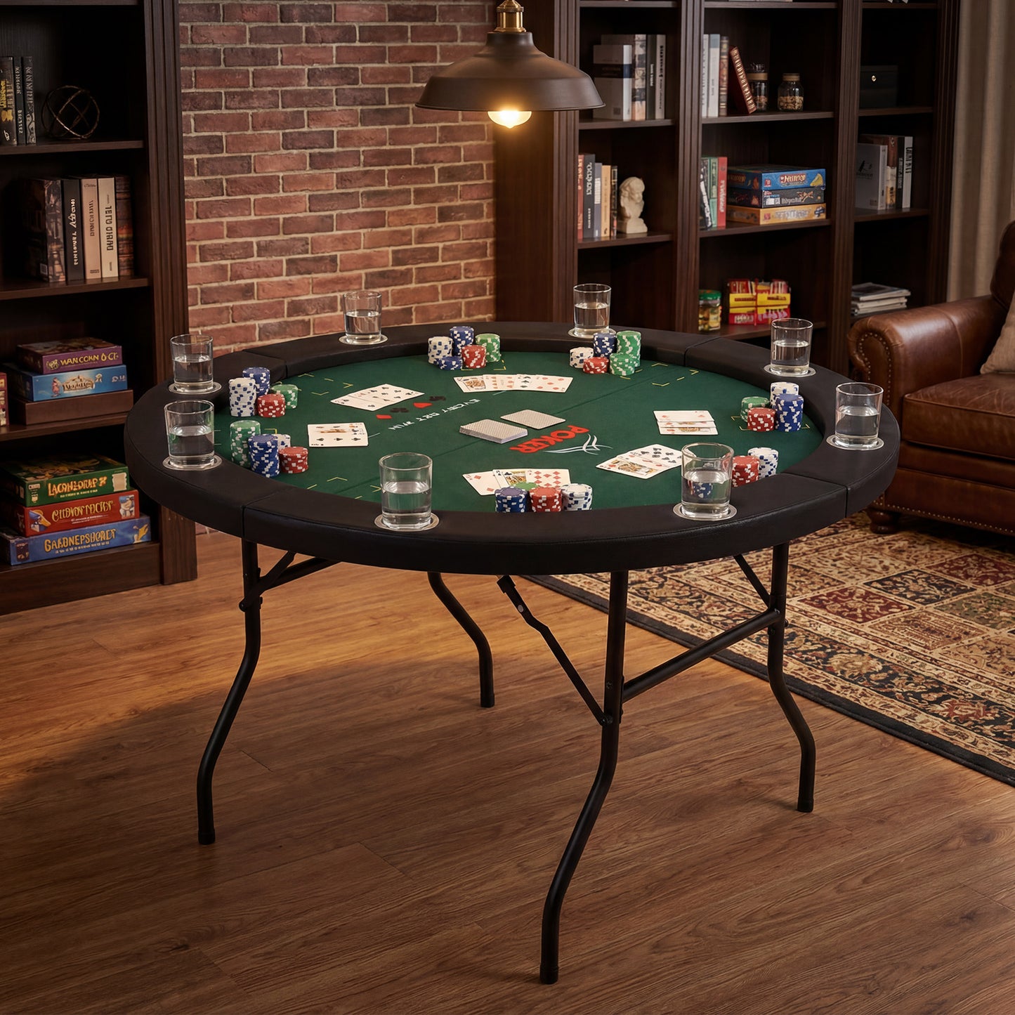48 Inch Foldable Poker Table with 8 Cup Holders and Padded Edges-Blue