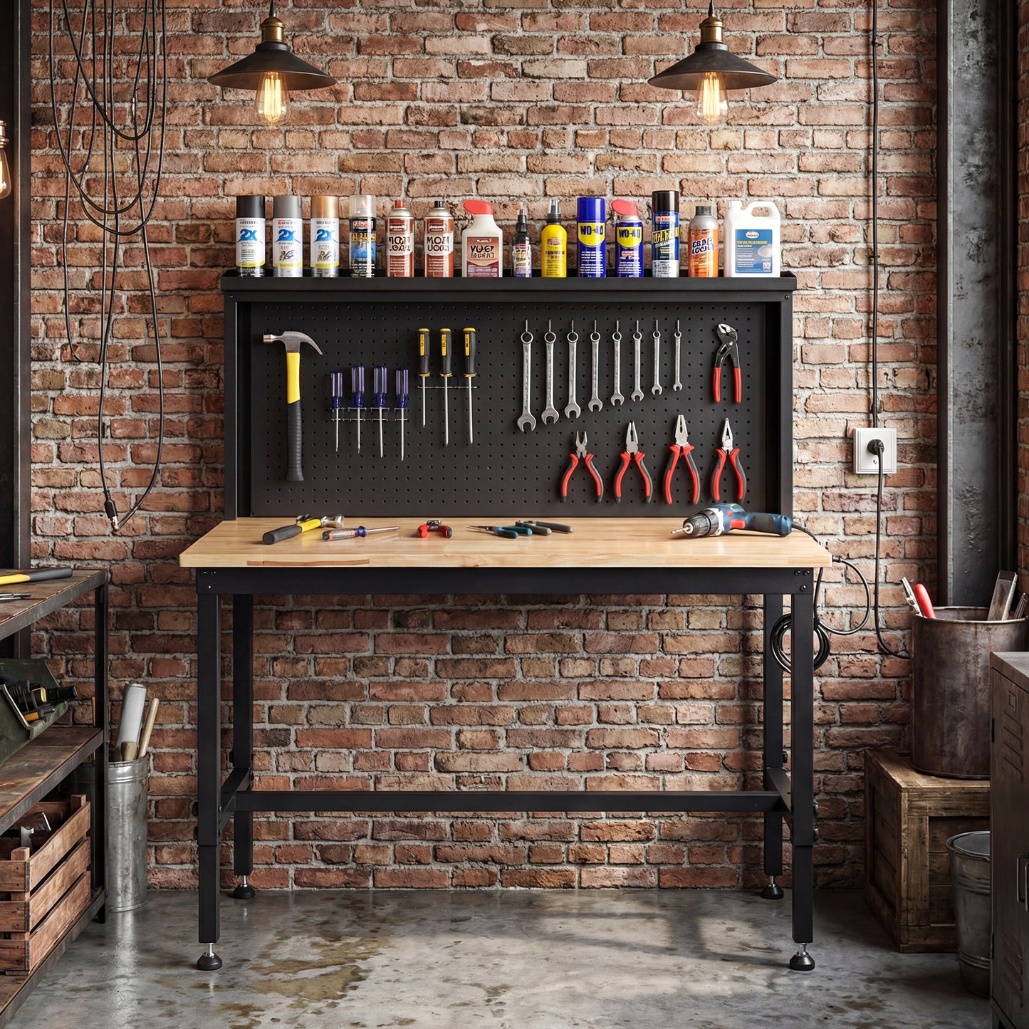 48 Inch Heavy Duty Workbench with AC/USB Outlets and Pegboard-Natural