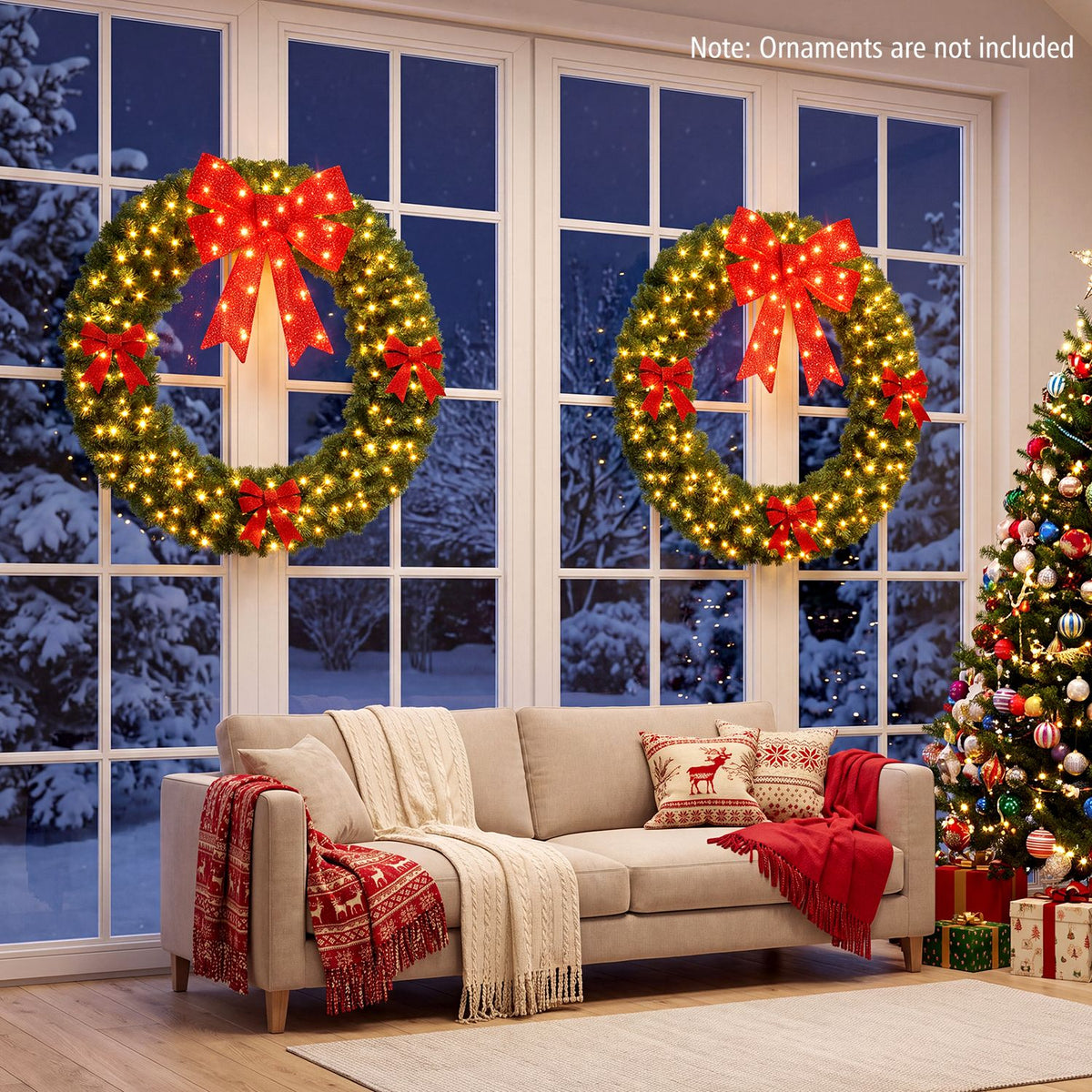 48 Inch Large Pre-Lit Christmas Wreath with 200 Warm White LED Lights Set of 1