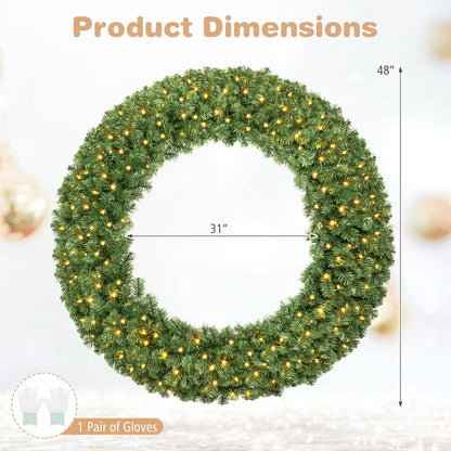 48 Inch Large Pre-Lit Christmas Wreath with 200 Warm White LED Lights Set of 1