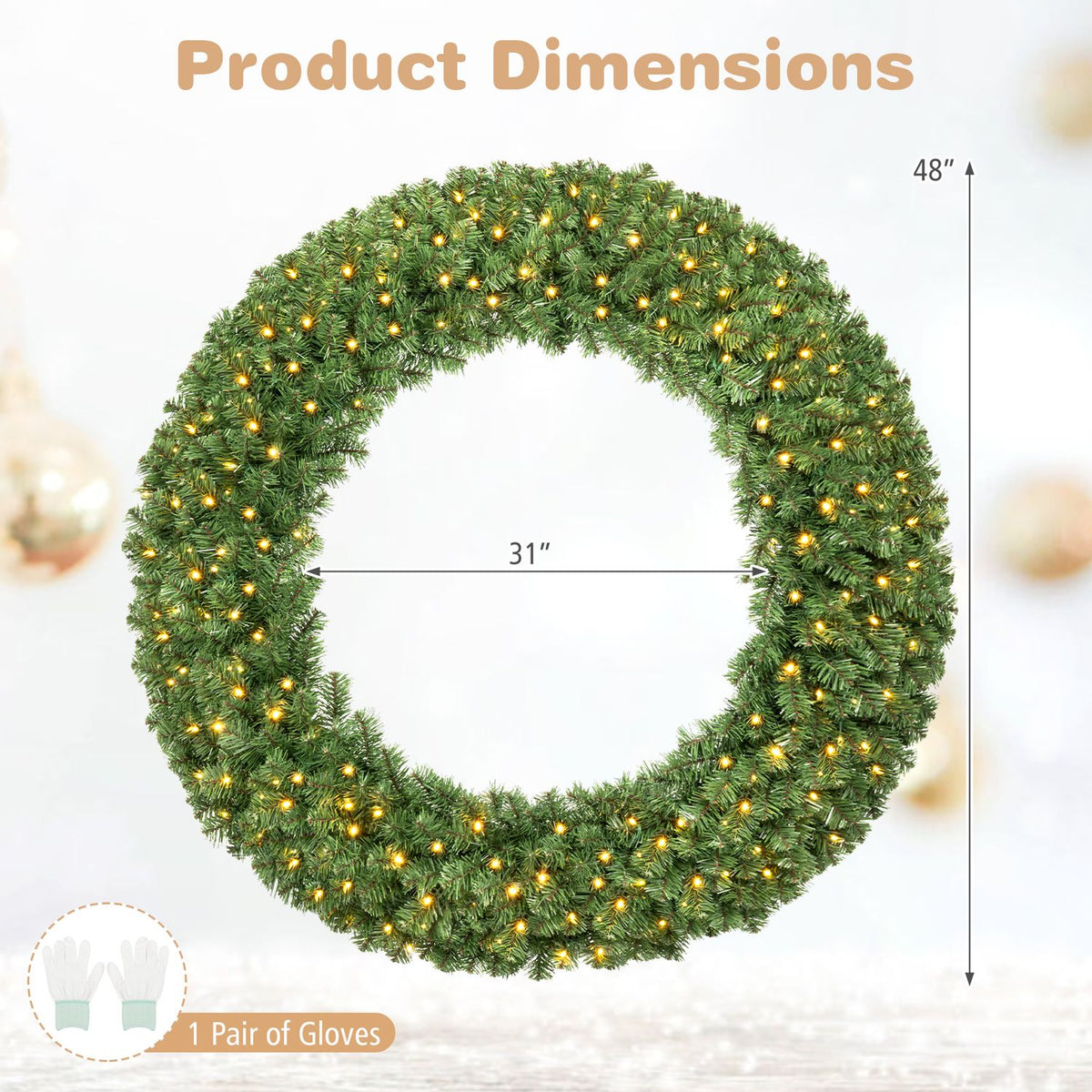 48 Inch Large Pre-Lit Christmas Wreath with 200 Warm White LED Lights Set of 1