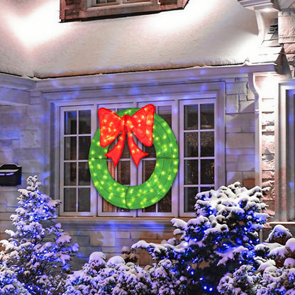 48-inch green pre-lit Christmas mesh wreath with bow and 200 LED bulbs, holiday decor for festive home decoration.