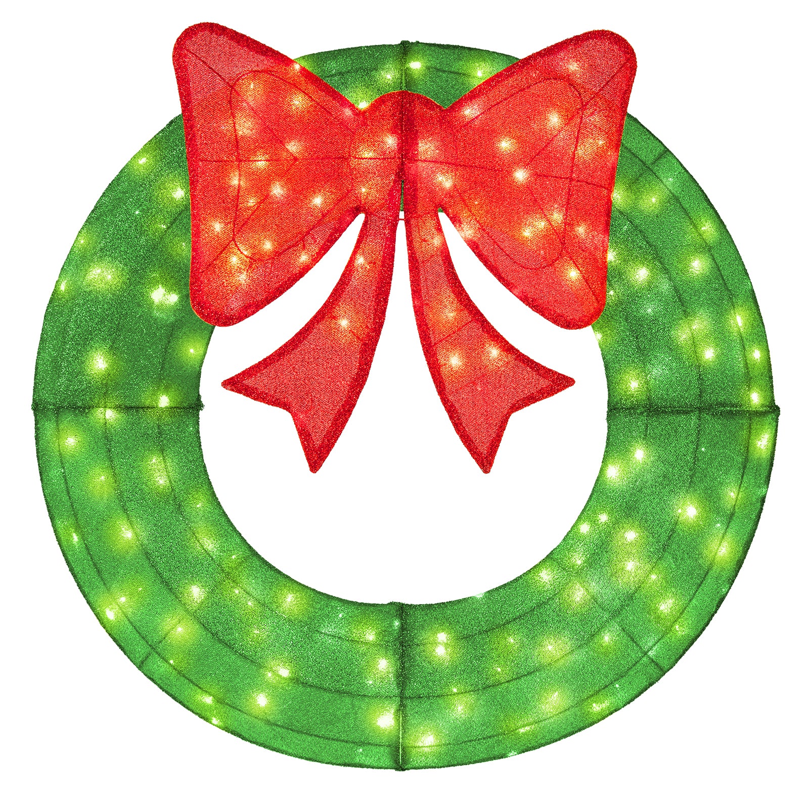 48-inch pre-lit Christmas mesh wreath with green foliage, red bow, and 200 LED lights for holiday decor.