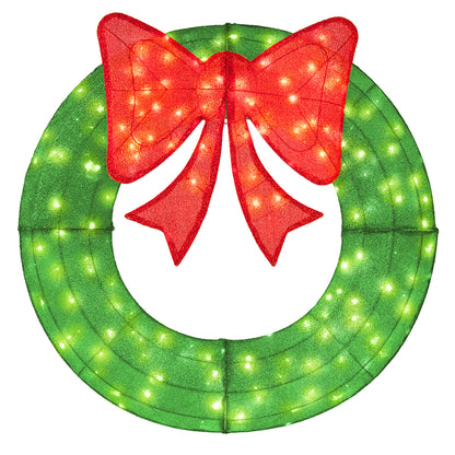 48-inch pre-lit Christmas mesh wreath with green foliage, red bow, and 200 LED lights for holiday decor.