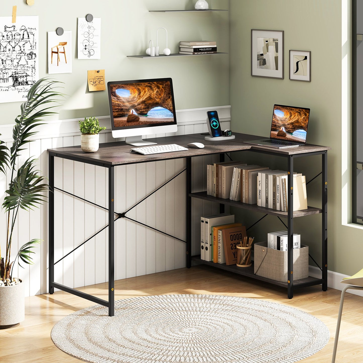 48 Inch Reversible L Shaped Computer Desk with Adjustable Shelf-Brown