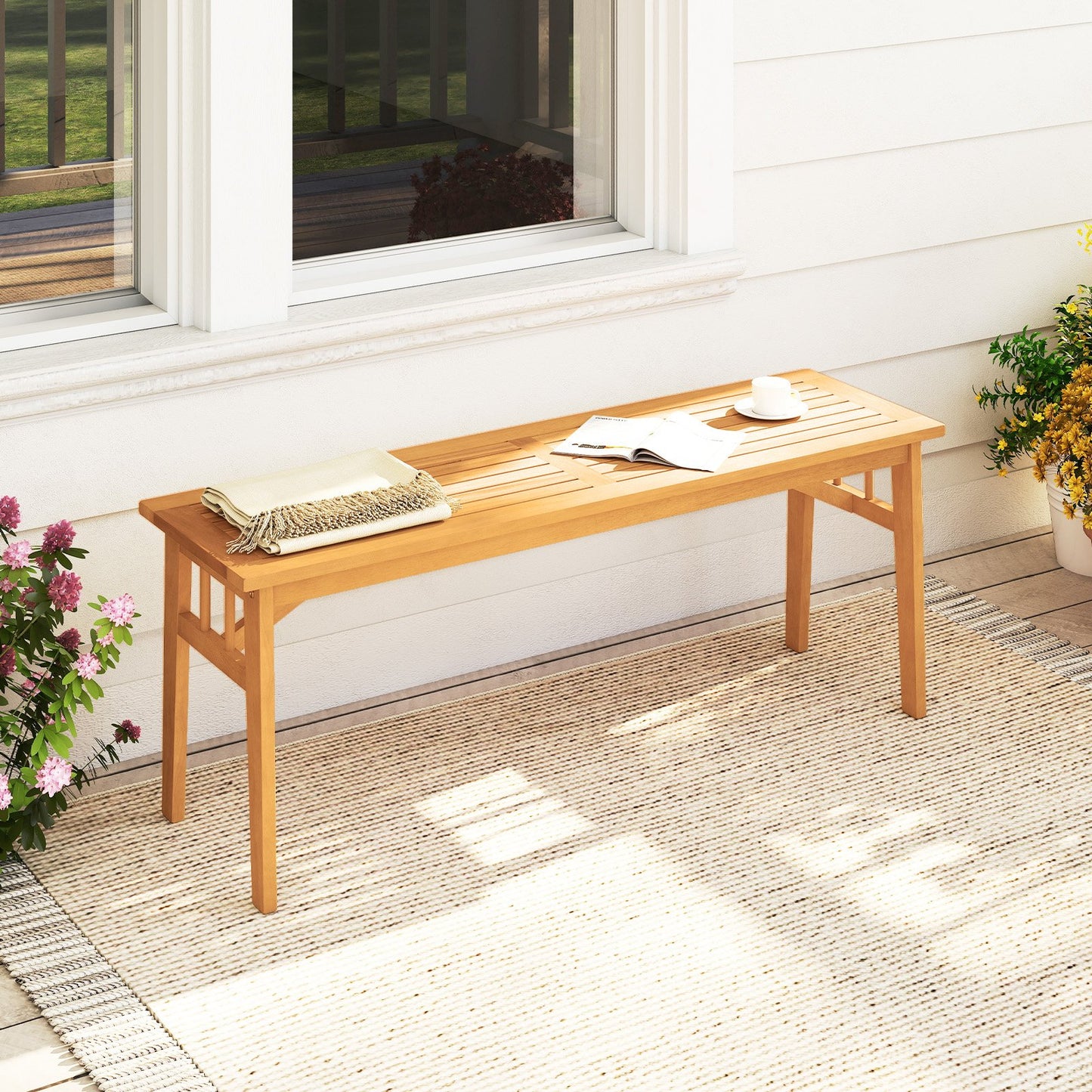 48 Inches Acacia Wood Bench with Breathable Slat Seat and Stable Triangular Structure-2