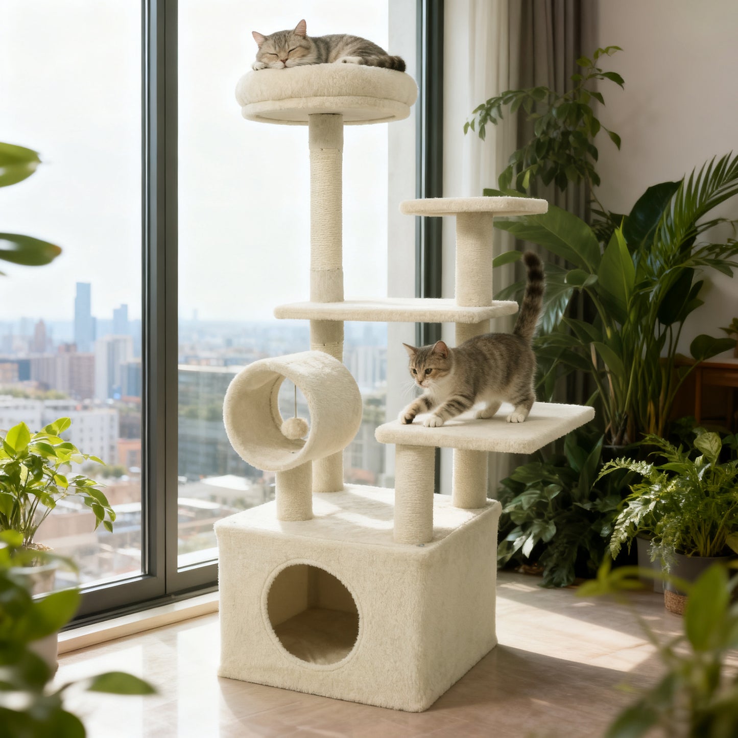 48 Inches Tall Cat Tree Multi-Level Kitten Tower with Large Condo Padded Top Perch-Beige