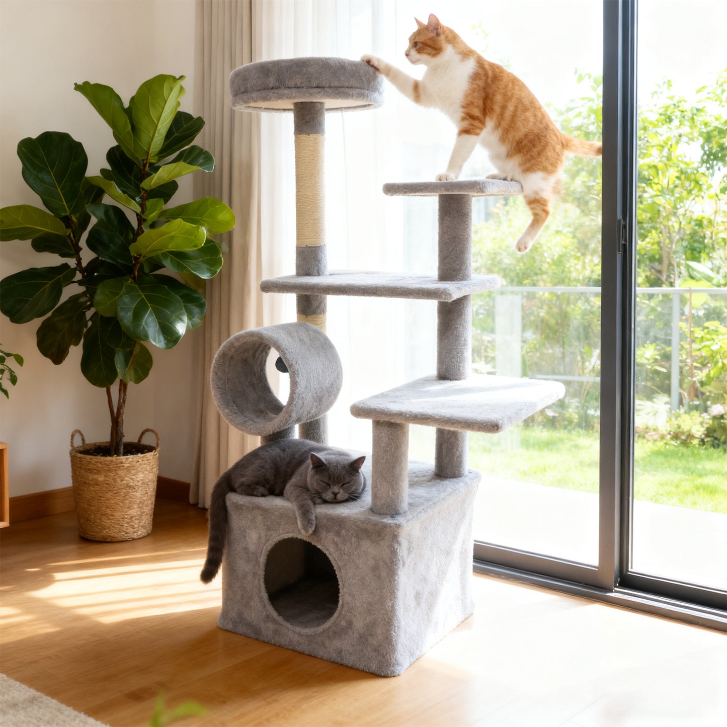 48 Inches Tall Cat Tree Multi-Level Kitten Tower with Large Condo Padded Top Perch-Beige