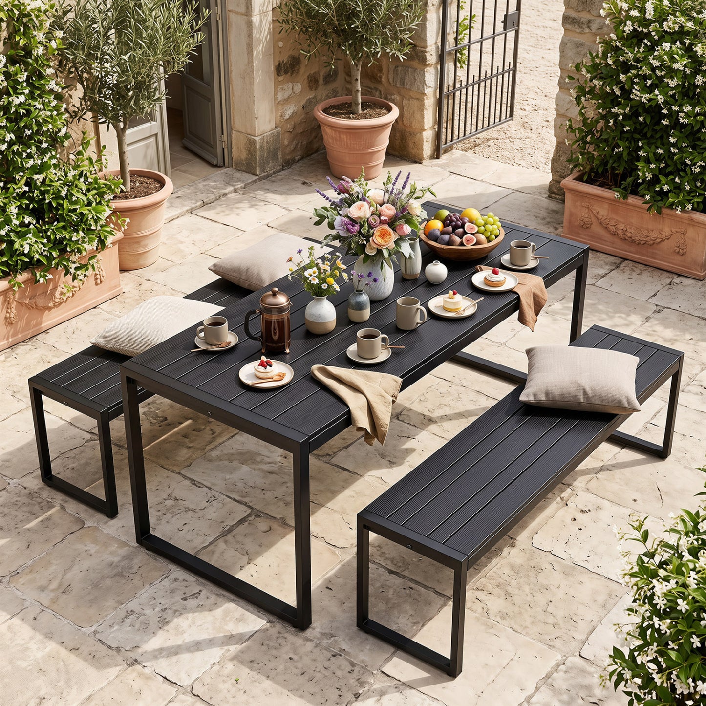 48" Outdoor Bench Set of 2 with Wood-Plastic Composite and Metal Frame Slatted Sea-Black