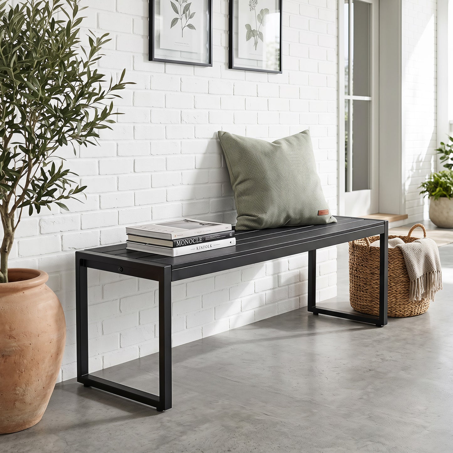 48" Outdoor Bench Set of 2 with Wood-Plastic Composite and Metal Frame Slatted Sea-Black