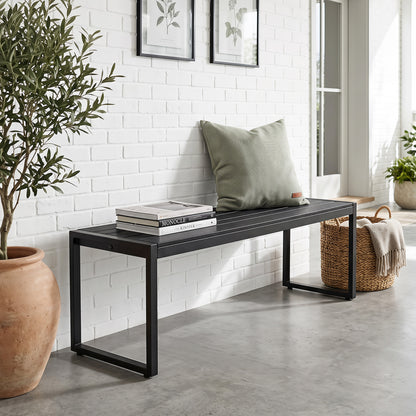 48" Outdoor Bench Set of 2 with Wood-Plastic Composite and Metal Frame Slatted Sea-Black