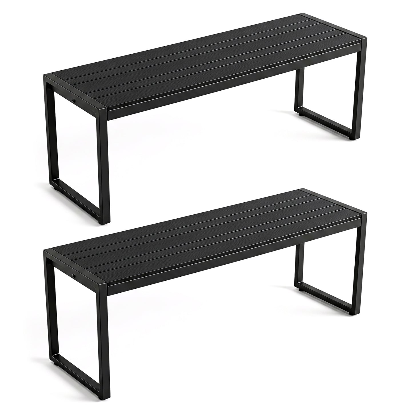 48" Outdoor Bench Set of 2 with Wood-Plastic Composite and Metal Frame Slatted Sea-Black