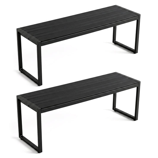 Pair of 48-inch outdoor benches with slatted wood-plastic composite seats and metal frames in sea-black, perfect for patio seating.