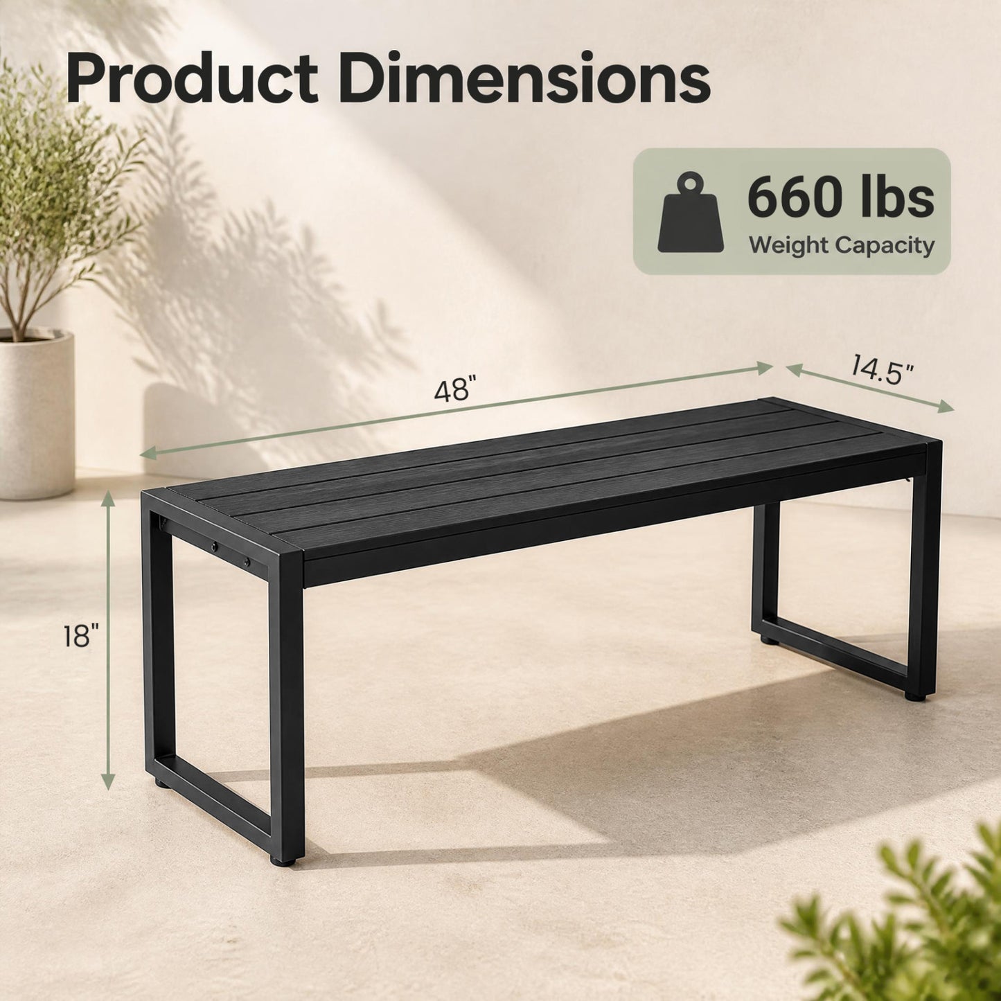 48" Outdoor Bench Set of 2 with Wood-Plastic Composite and Metal Frame Slatted Sea-Black