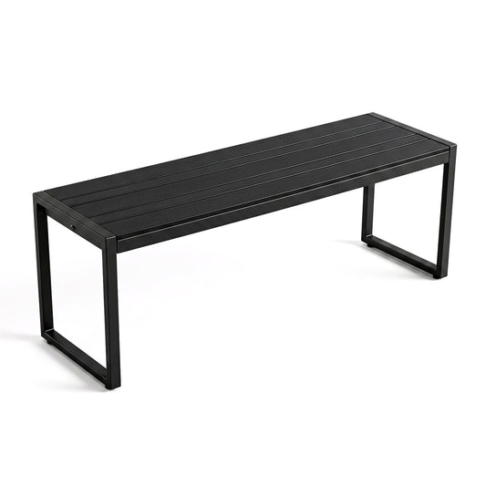 Black 48-inch outdoor bench with wood-plastic composite slats and metal frame, ideal for garden patio seating.