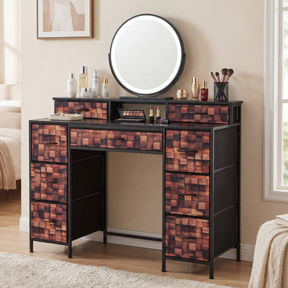 48" Vintage 9-Drawer Dresser with Raised Shelf and Fabric Drawers and Wooden Top-Brown + Black
