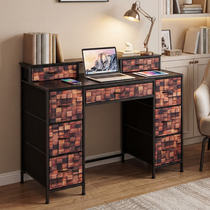 48" Vintage 9-Drawer Dresser with Raised Shelf and Fabric Drawers and Wooden Top-Brown + Black